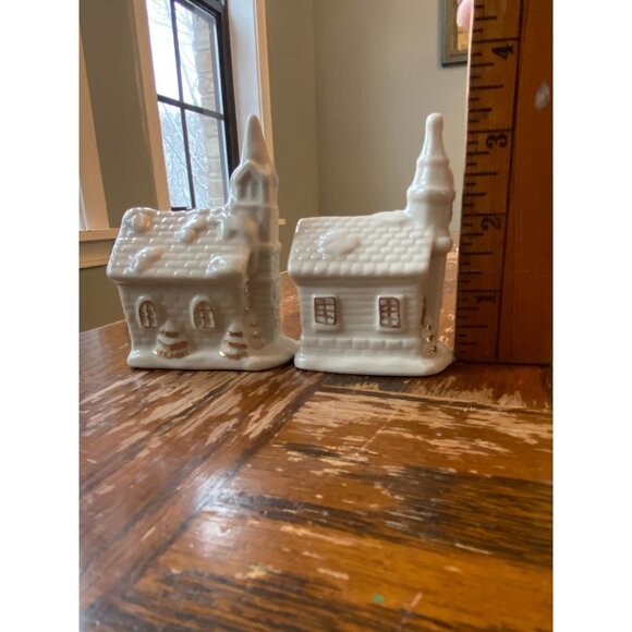 Vintage Ceramic Christmas Churches White and Gold - Picture 2 of 5
